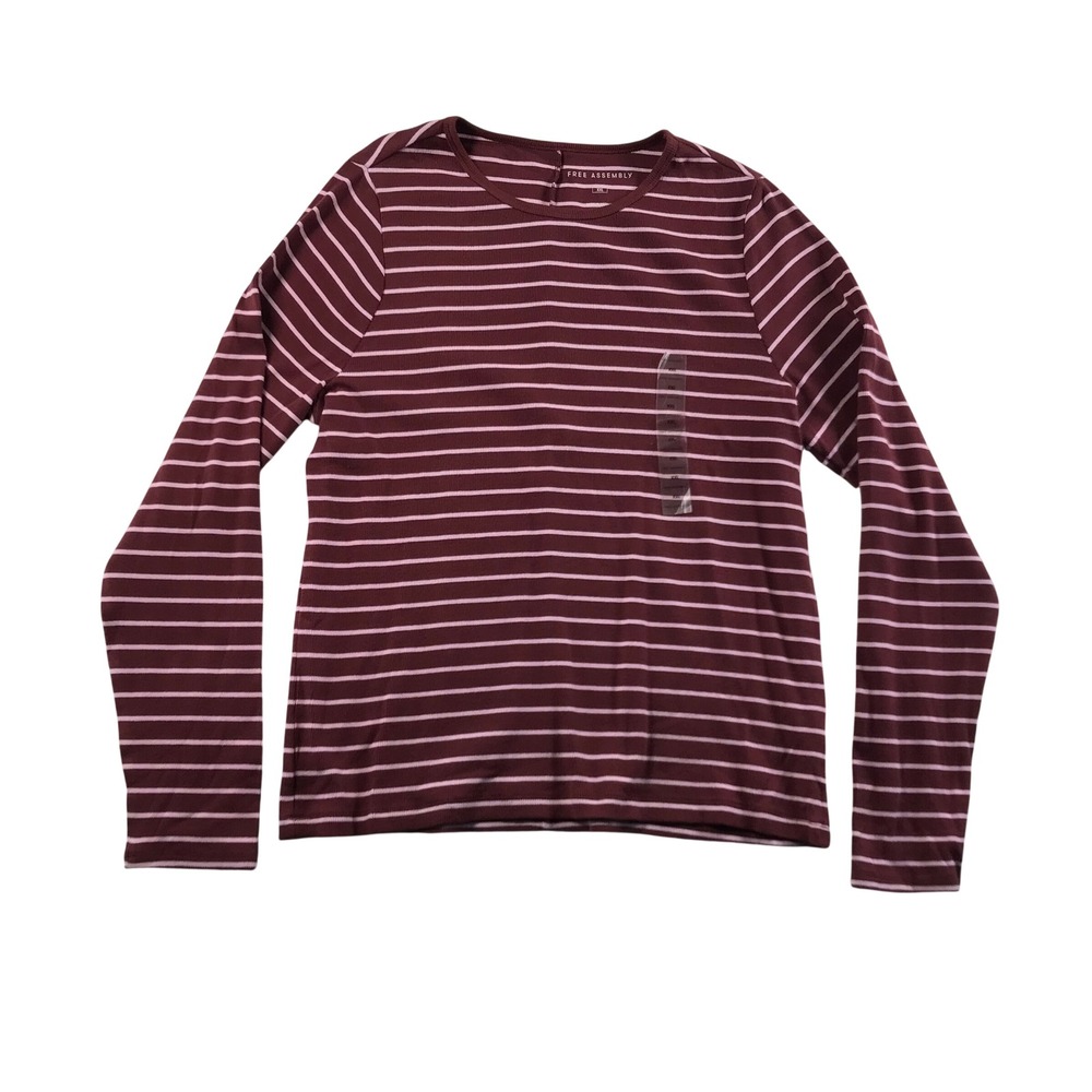 Free Assembly Womens XXL Ribbed Striped Long Sleeve Tee Burgundy Pink WKT00114S